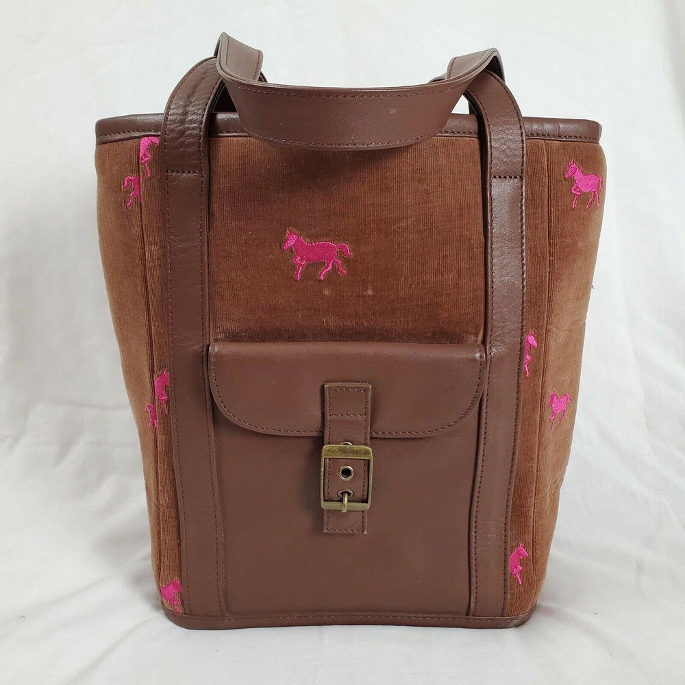 Lilly Pulitzer Brown Corduroy Pink Horse Embroidered Shoulder Tote Bag